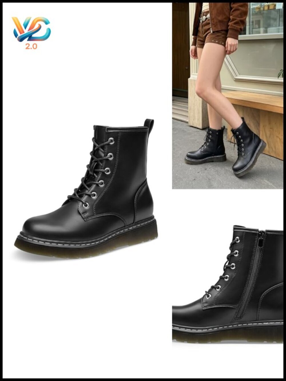 Lace-Up Combat Boots Fashion Casual Low Platform Lug Sole Ankle Booties Side